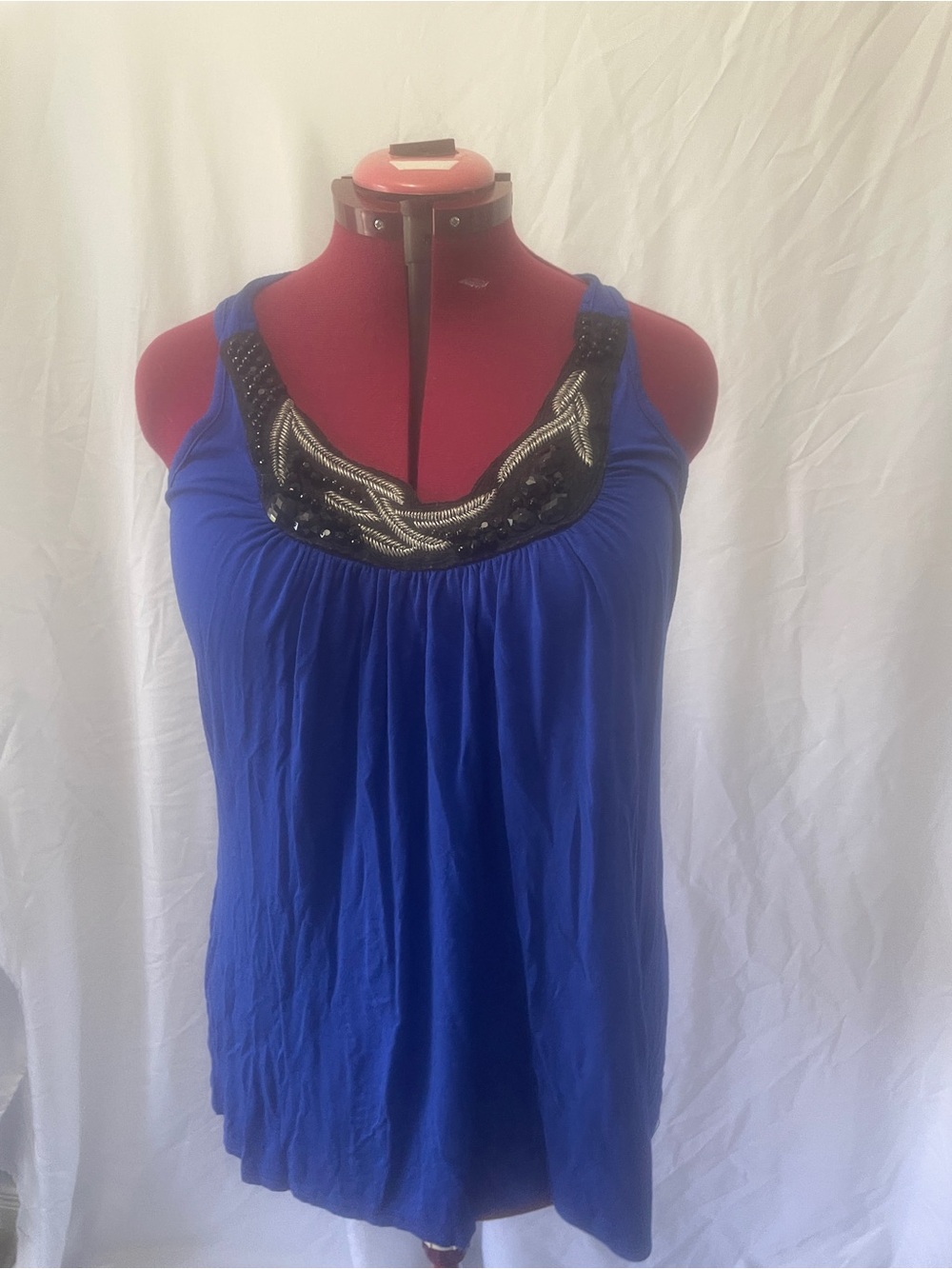Beaded Scoop Neck Blue Women's Tank Top